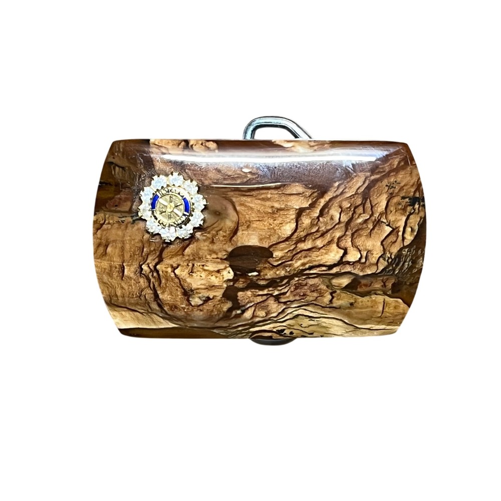 Vintage Rotary International Burl Wood Belt Buckle Crystal Enamel Emblem Brown